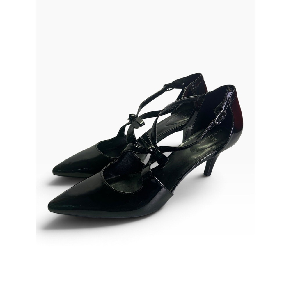 Bandolino Zeffer Pumps Black Patent Strappy Bow Pointed Toe Heels Womens 9.5M